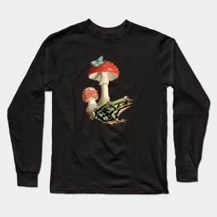 Frog Mushroom and Butterfly Composition, Cottagecore Aesthetic Toad, Cute Botanical Arrangement of Phrog Long Sleeve T-Shirt